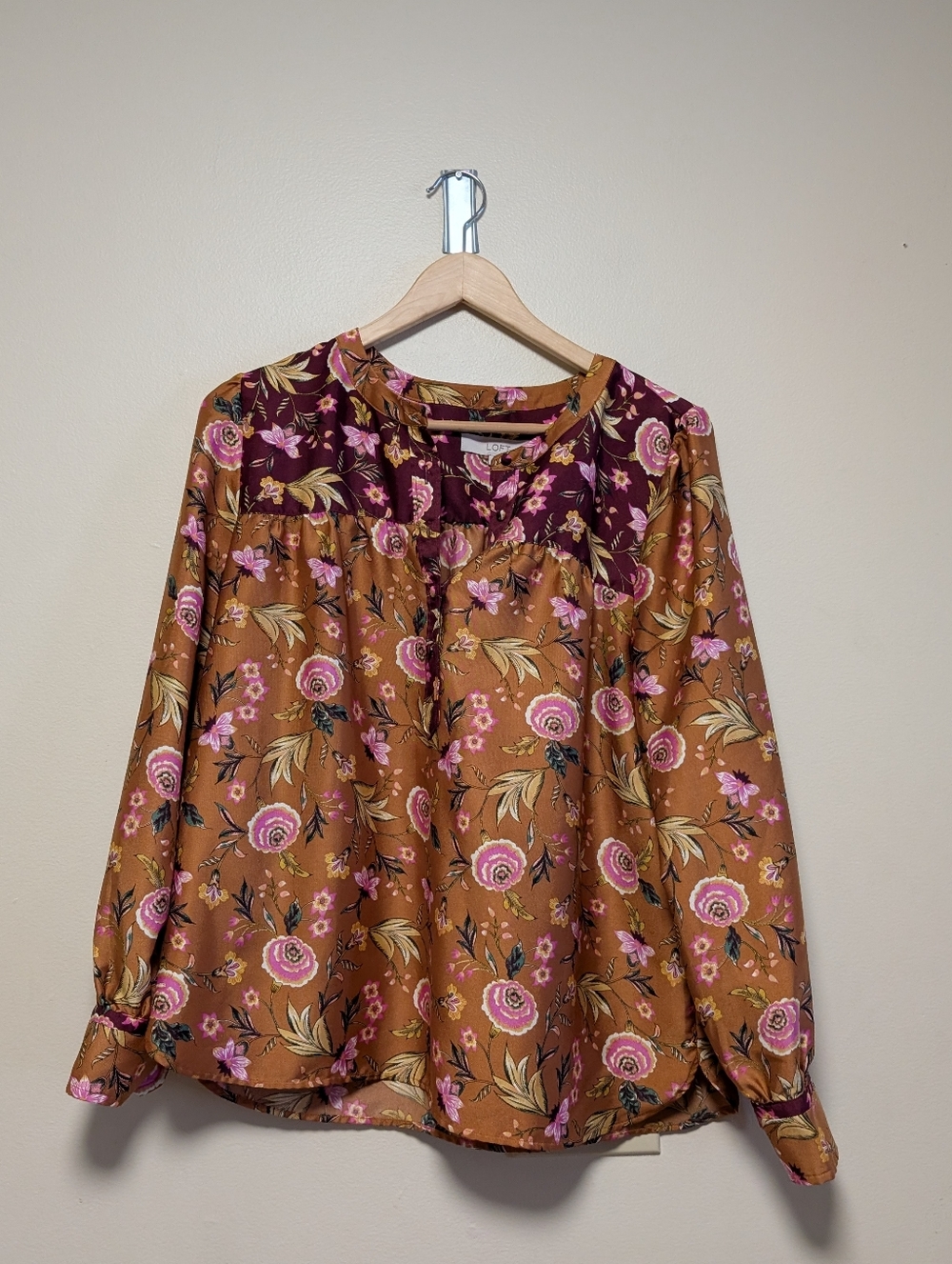 Loft Floral Blouse M Brown Pink Boho Long Sleeve Top